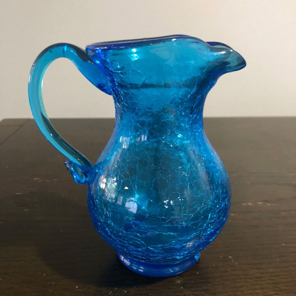 Vintage MCM 6" Teal Hand-Blown Crackle Glass Pitcher with Applied Handle